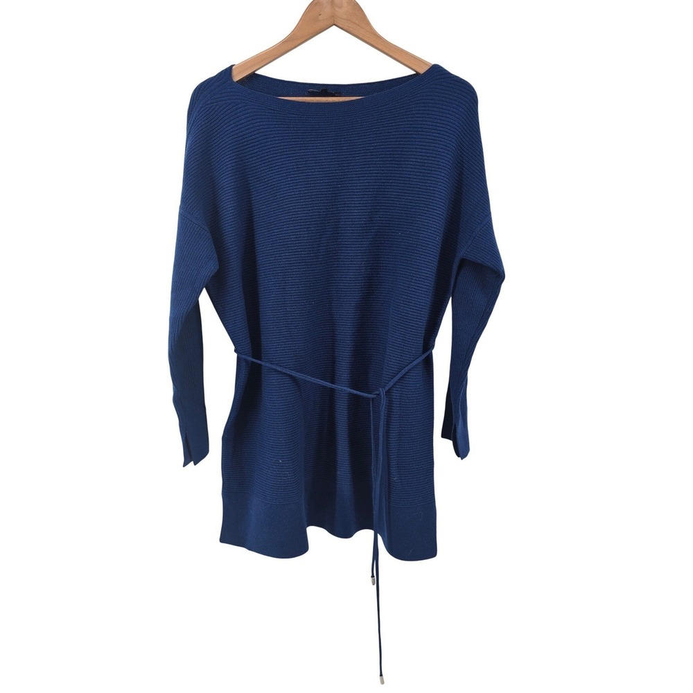 Lafayette 148 Tunic Sweater Womens L Blue Ribbed Wool Boat Neck Tie Waist Split